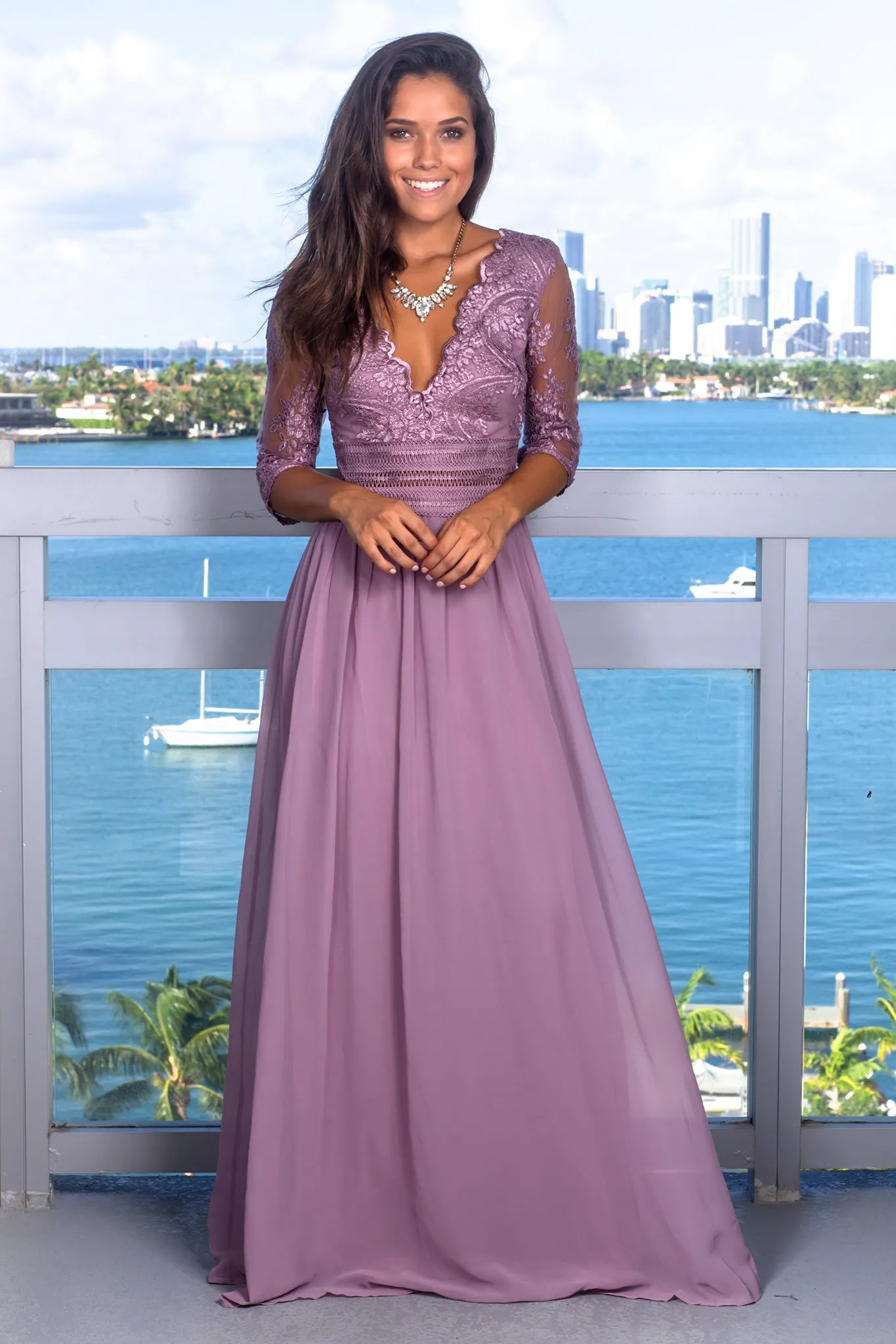 Mauve V-Neck Maxi Dress with Mesh Embroidered Sleeves