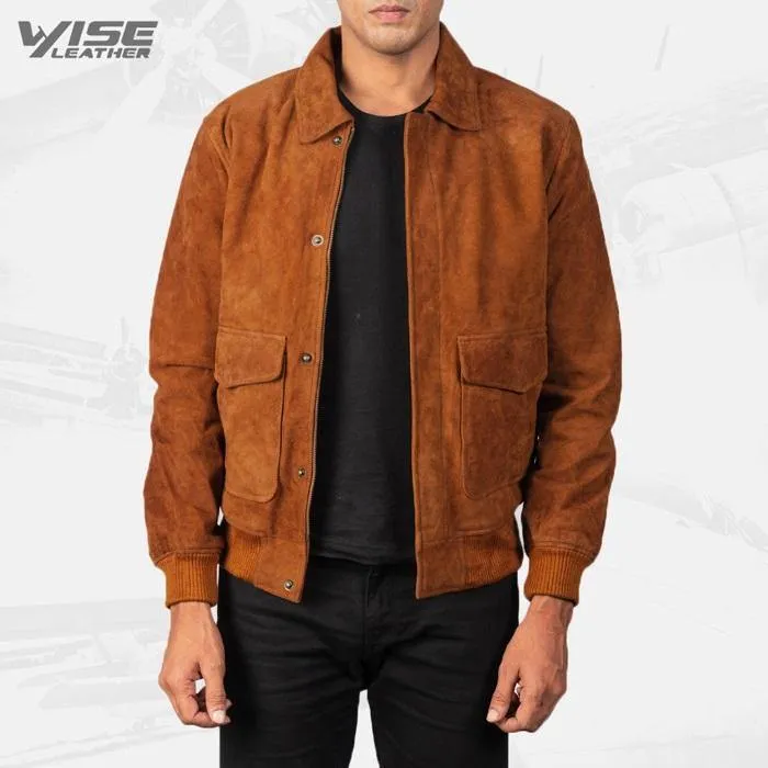 Men's Aviator Brown Suede Leather Bomber Jacket