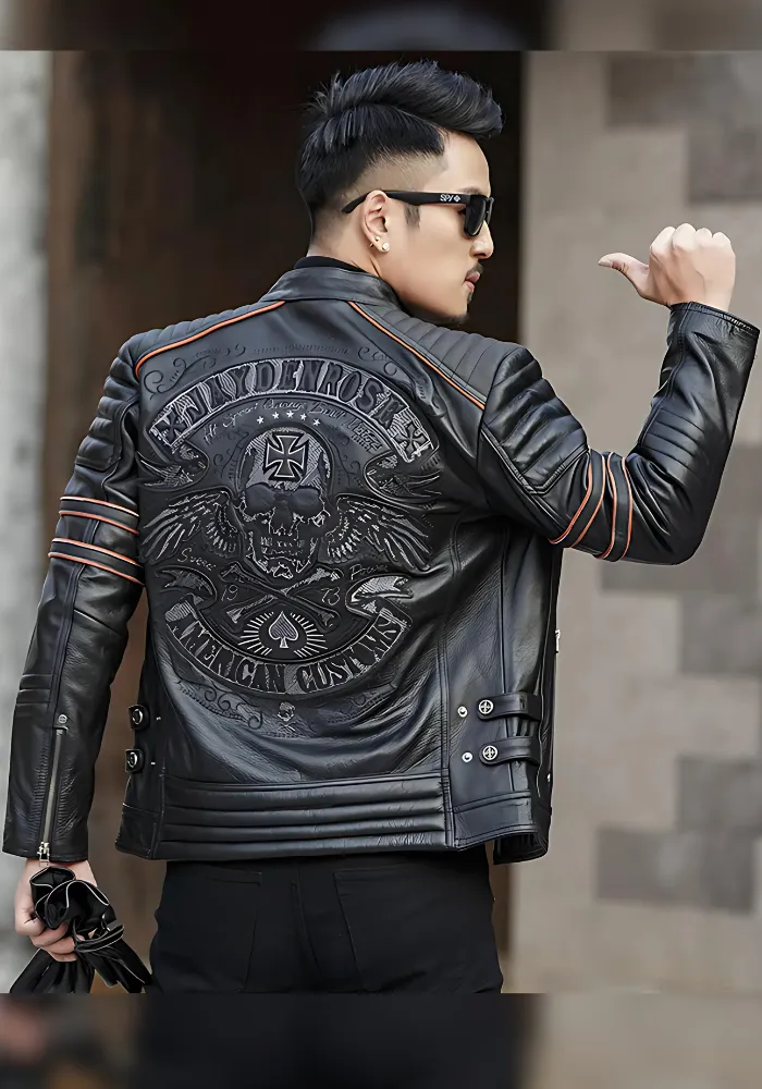 Men's biker SKULL LEATHER JACKET BLACK