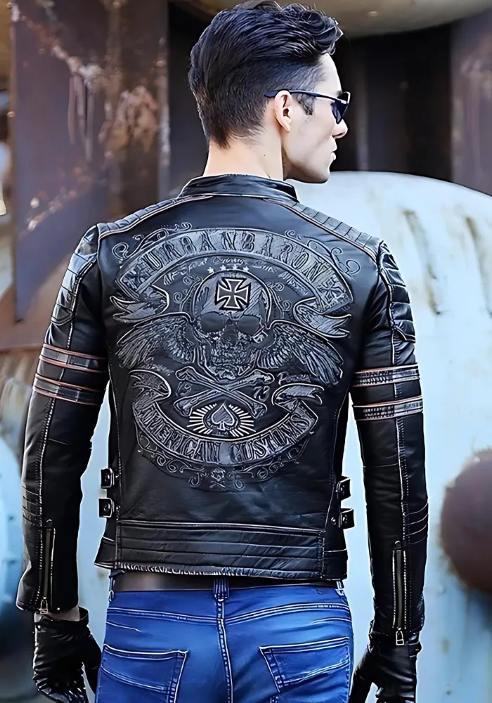 Men's biker SKULL LEATHER JACKET BLACK