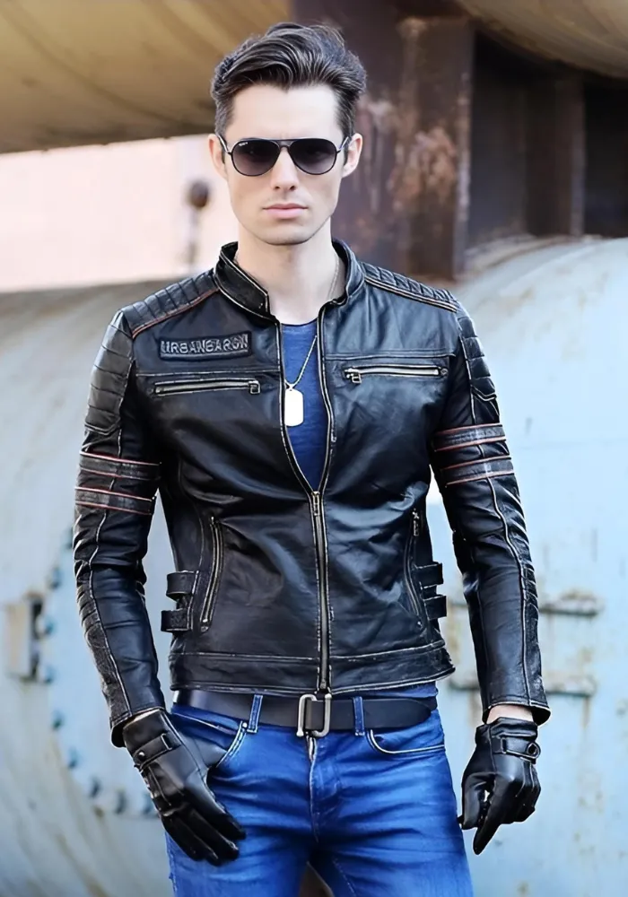 Men's biker SKULL LEATHER JACKET BLACK