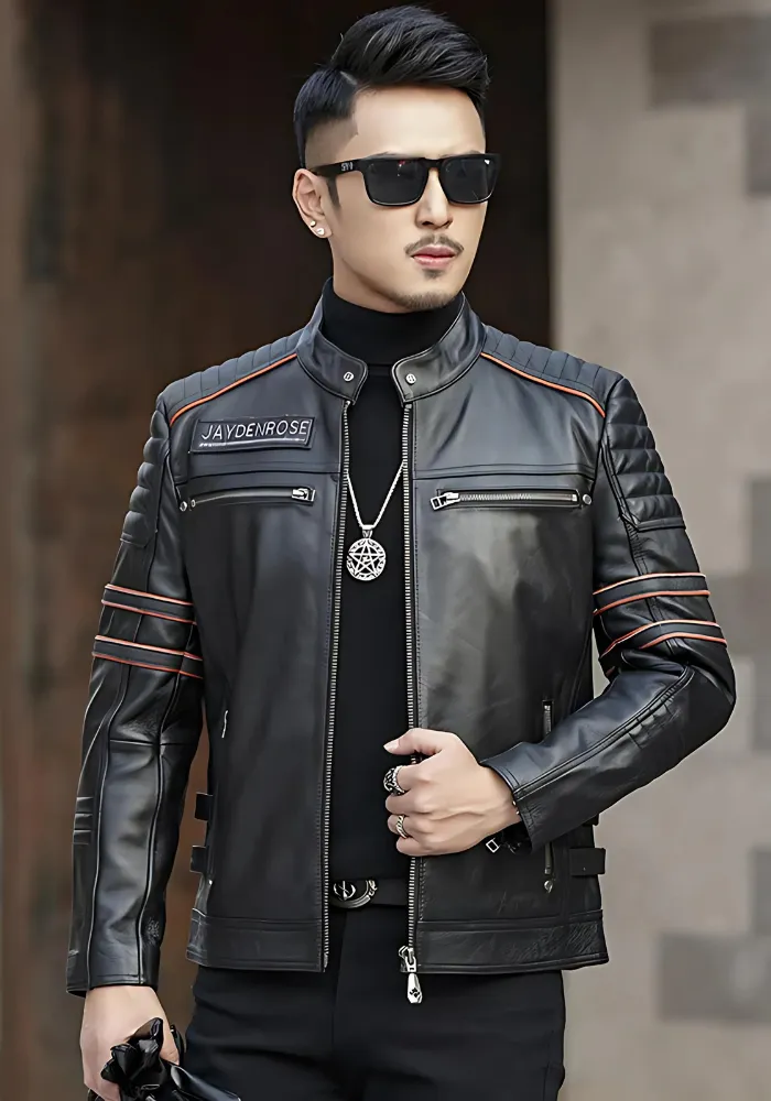 Men's biker SKULL LEATHER JACKET BLACK