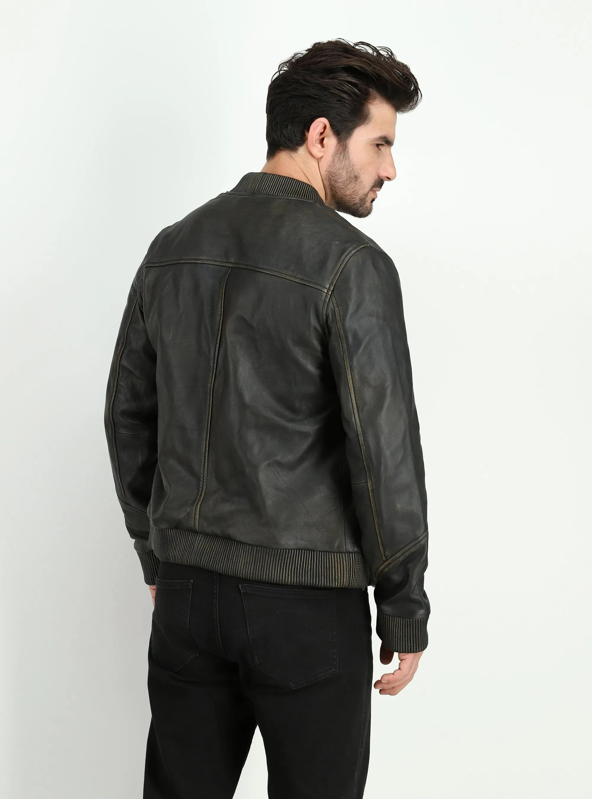 Men's Kadon Rub Off Black Leather Bomber Jacket