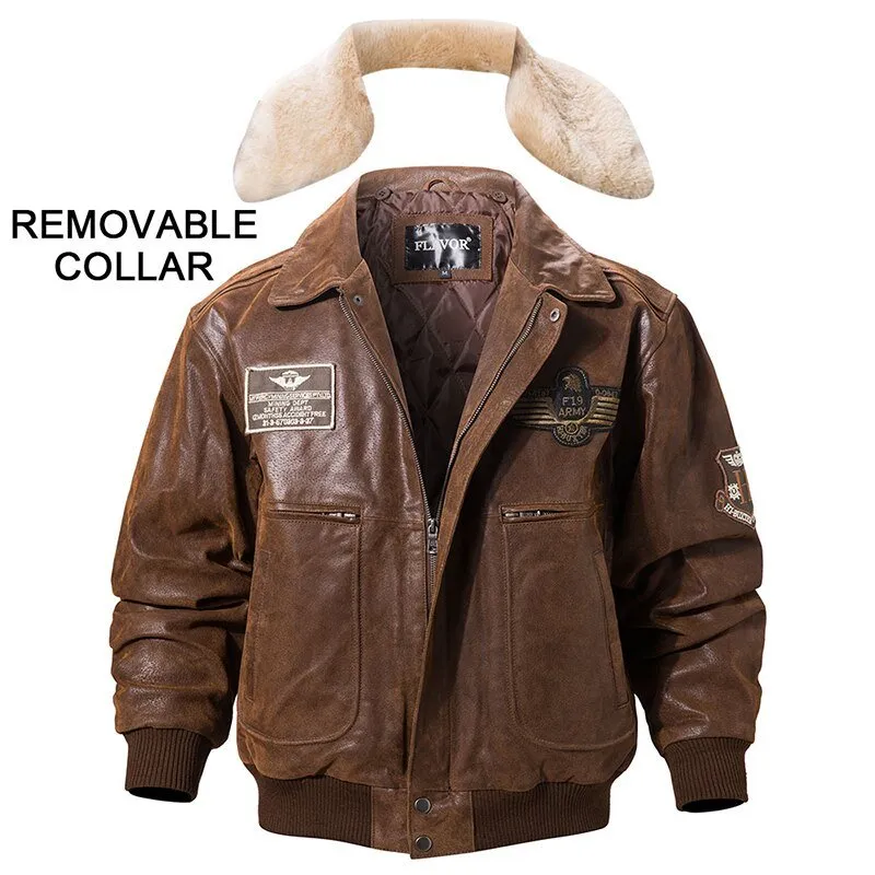 Mens Leather Bomber Jacket with Removable Fur Collar