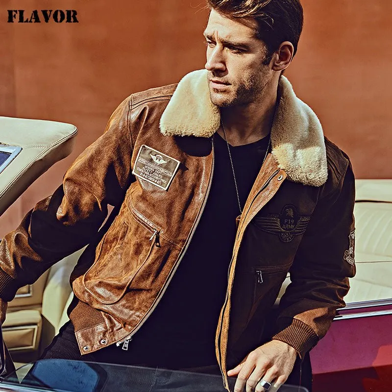 Mens Leather Bomber Jacket with Removable Fur Collar