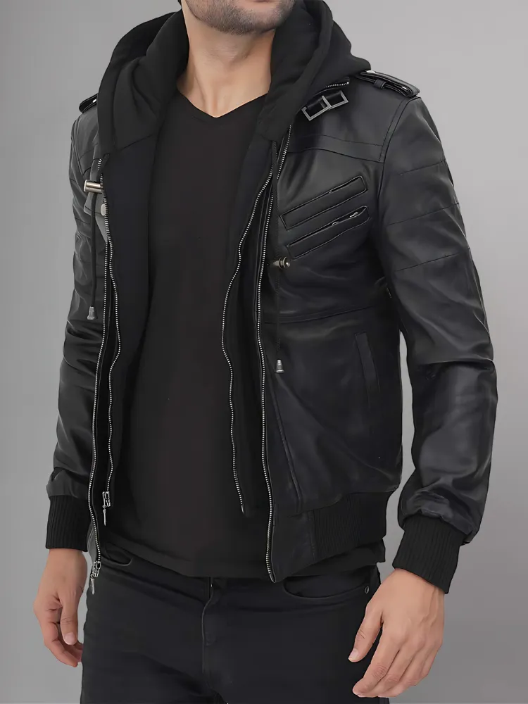 Mens Removable Hood Bomber Leather Jacket