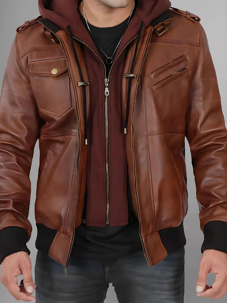 Mens Removable Hood Bomber Leather Jacket