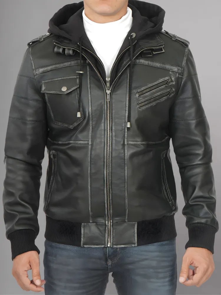 Mens Removable Hood Bomber Leather Jacket