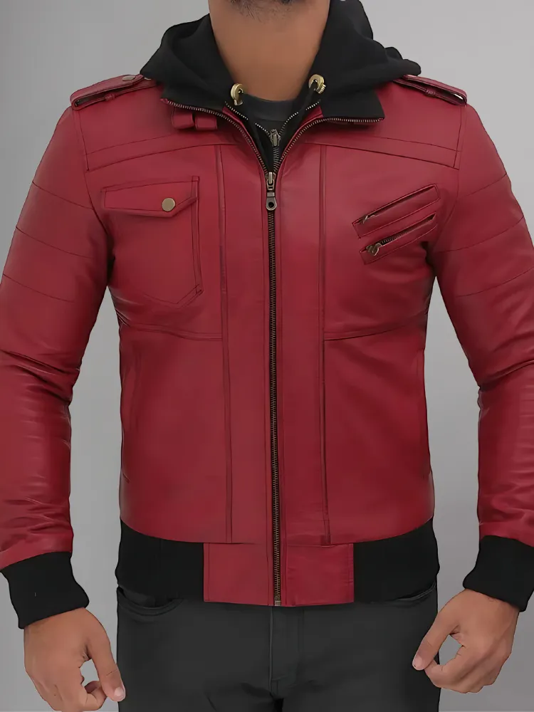 Mens Removable Hood Bomber Leather Jacket