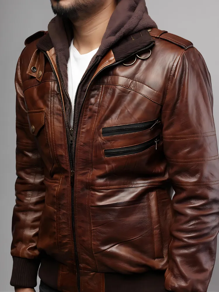 Mens Removable Hood Bomber Leather Jacket