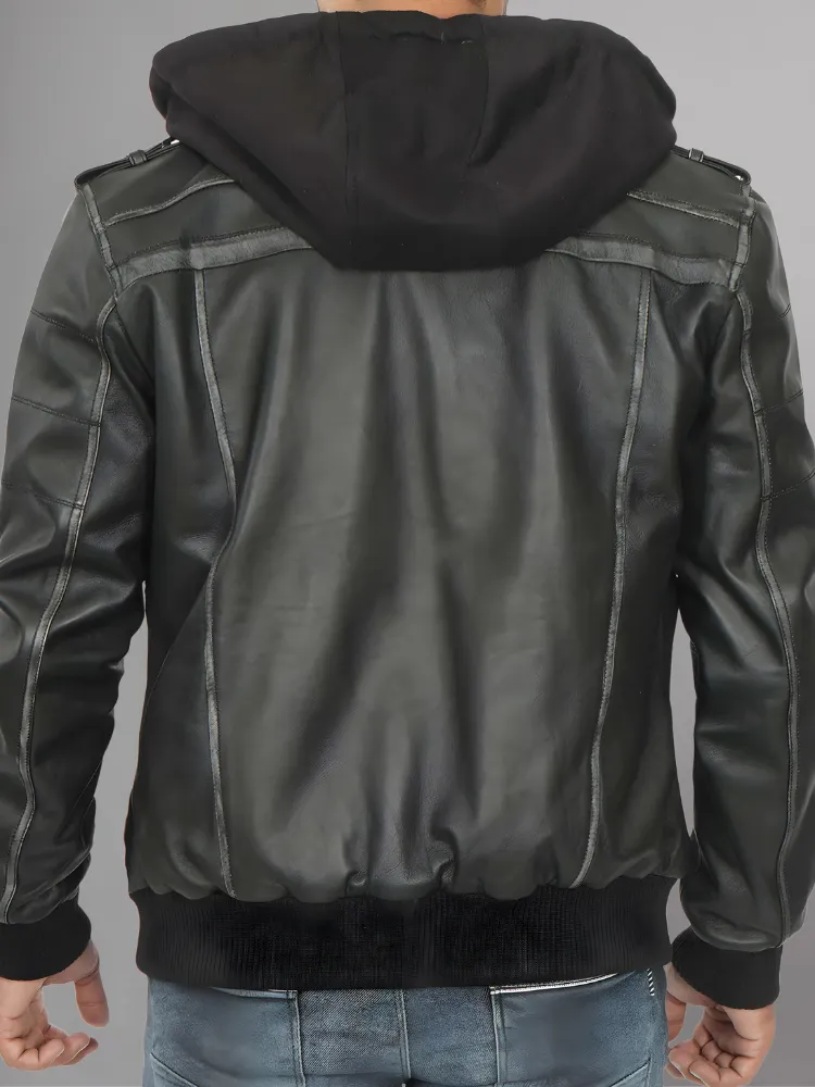 Mens Removable Hood Bomber Leather Jacket