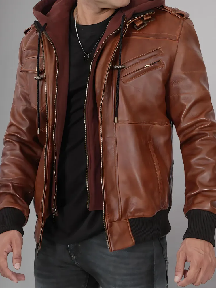 Mens Removable Hood Bomber Leather Jacket