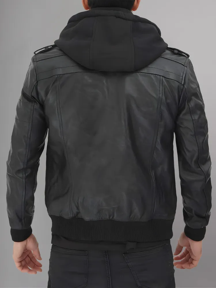 Mens Removable Hood Bomber Leather Jacket