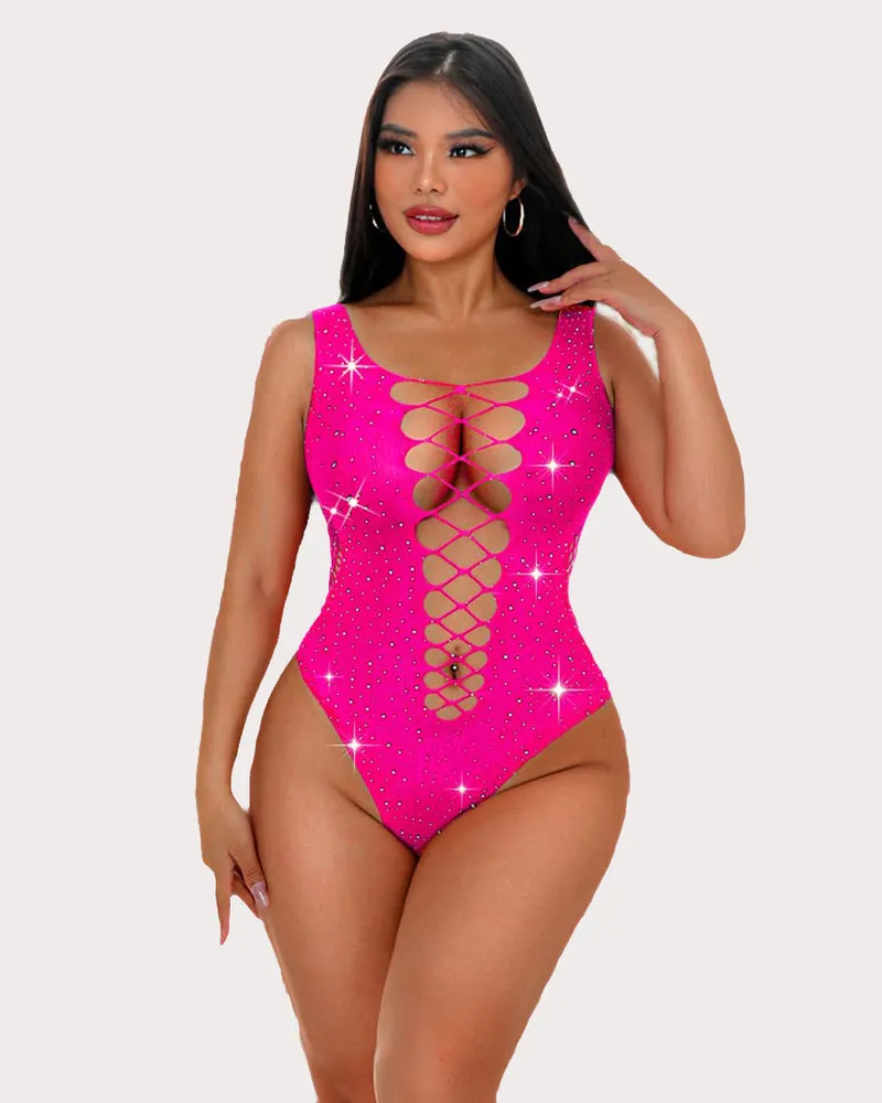 Mesh Rhinestone Bodysuit Sparkle Fishnet Lingerie