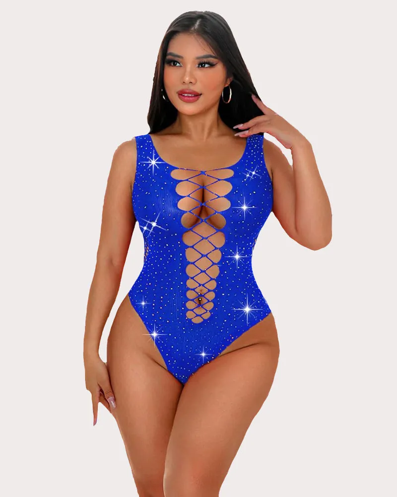 Mesh Rhinestone Bodysuit Sparkle Fishnet Lingerie