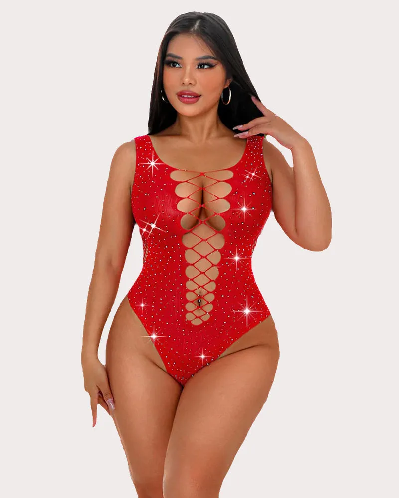 Mesh Rhinestone Bodysuit Sparkle Fishnet Lingerie