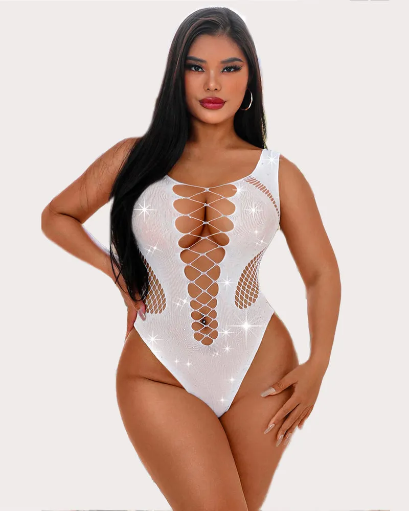 Mesh Rhinestone Bodysuit Sparkle Fishnet Lingerie