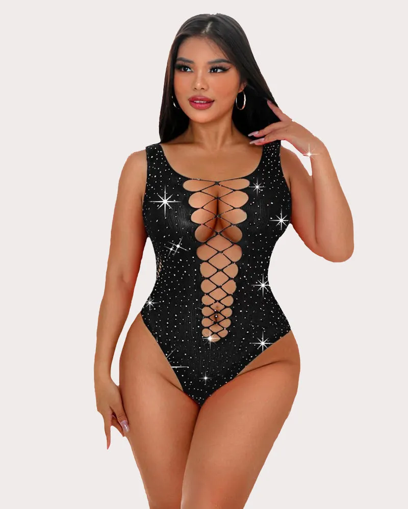 Mesh Rhinestone Bodysuit Sparkle Fishnet Lingerie