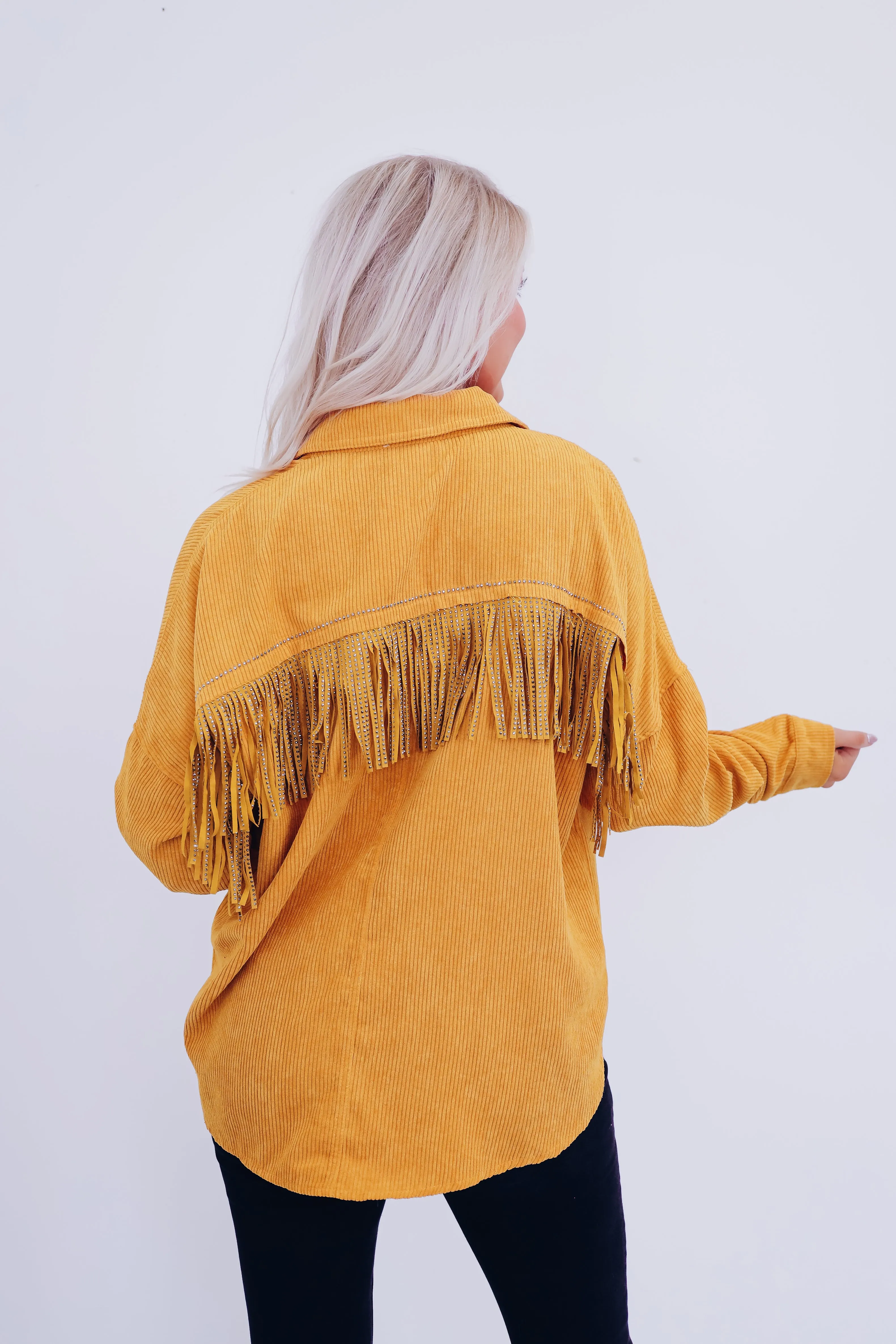 Mia Micro Corduroy Fringe Shacket - Mustard