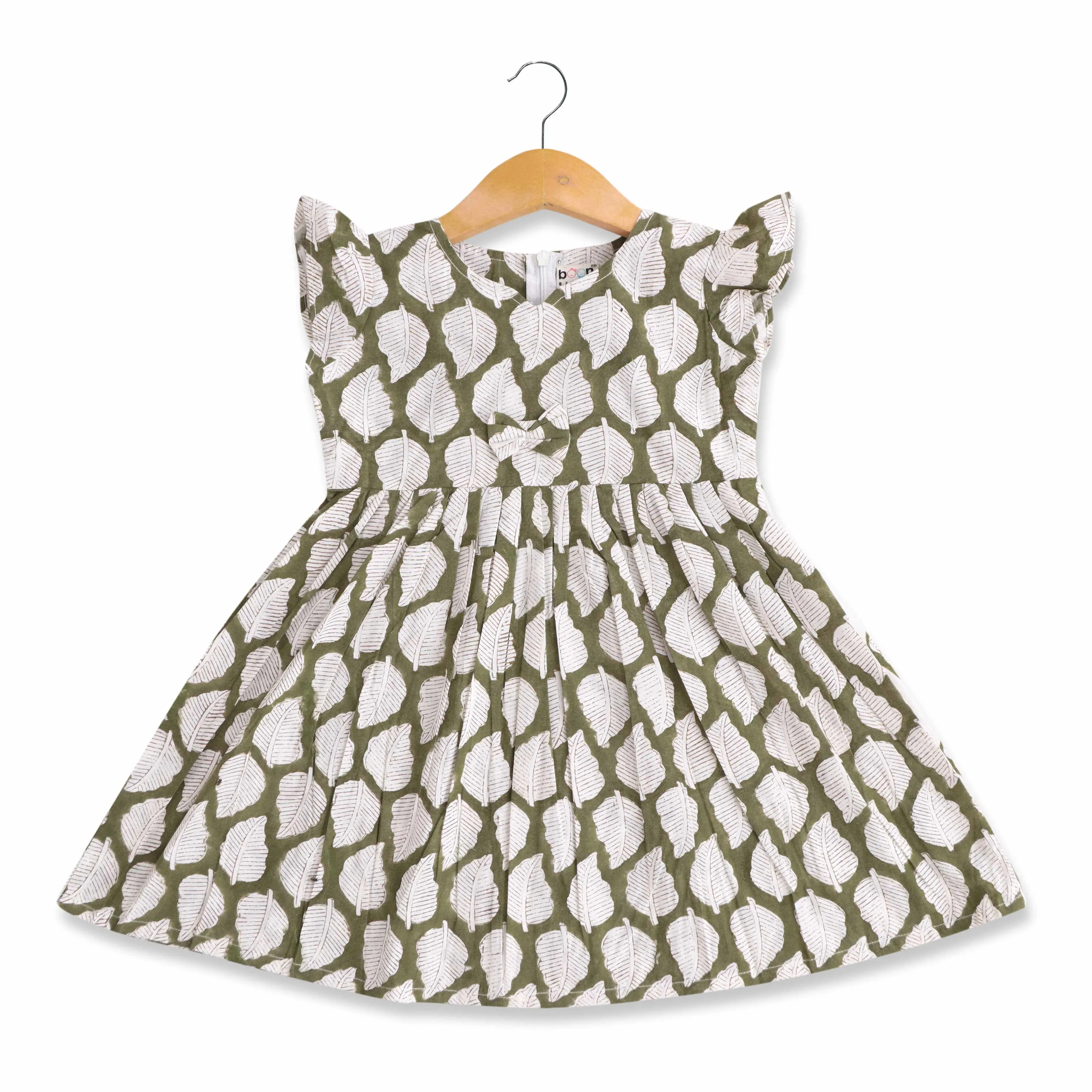 Mint Meadow: Fresh Leaf Printed Cotton Frock for Baby Girls