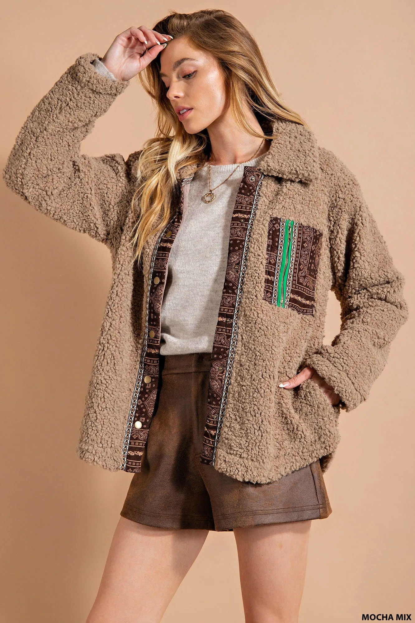 Mocha Mix Button Front Closure Oversized Shacket