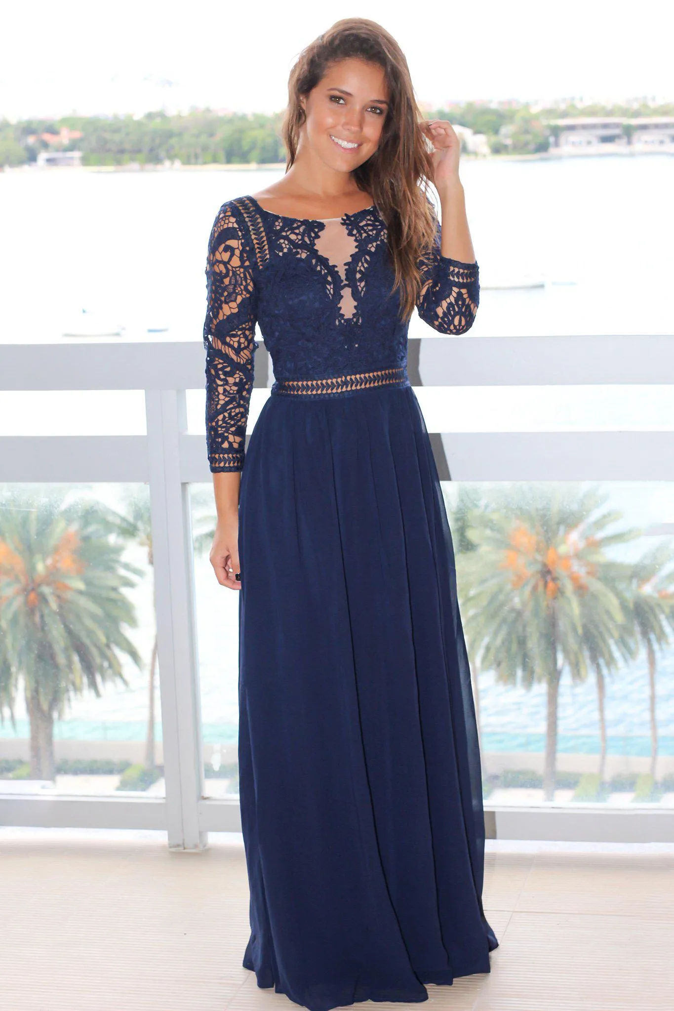 Navy Crochet Maxi Dress with 3/4 Sleeves