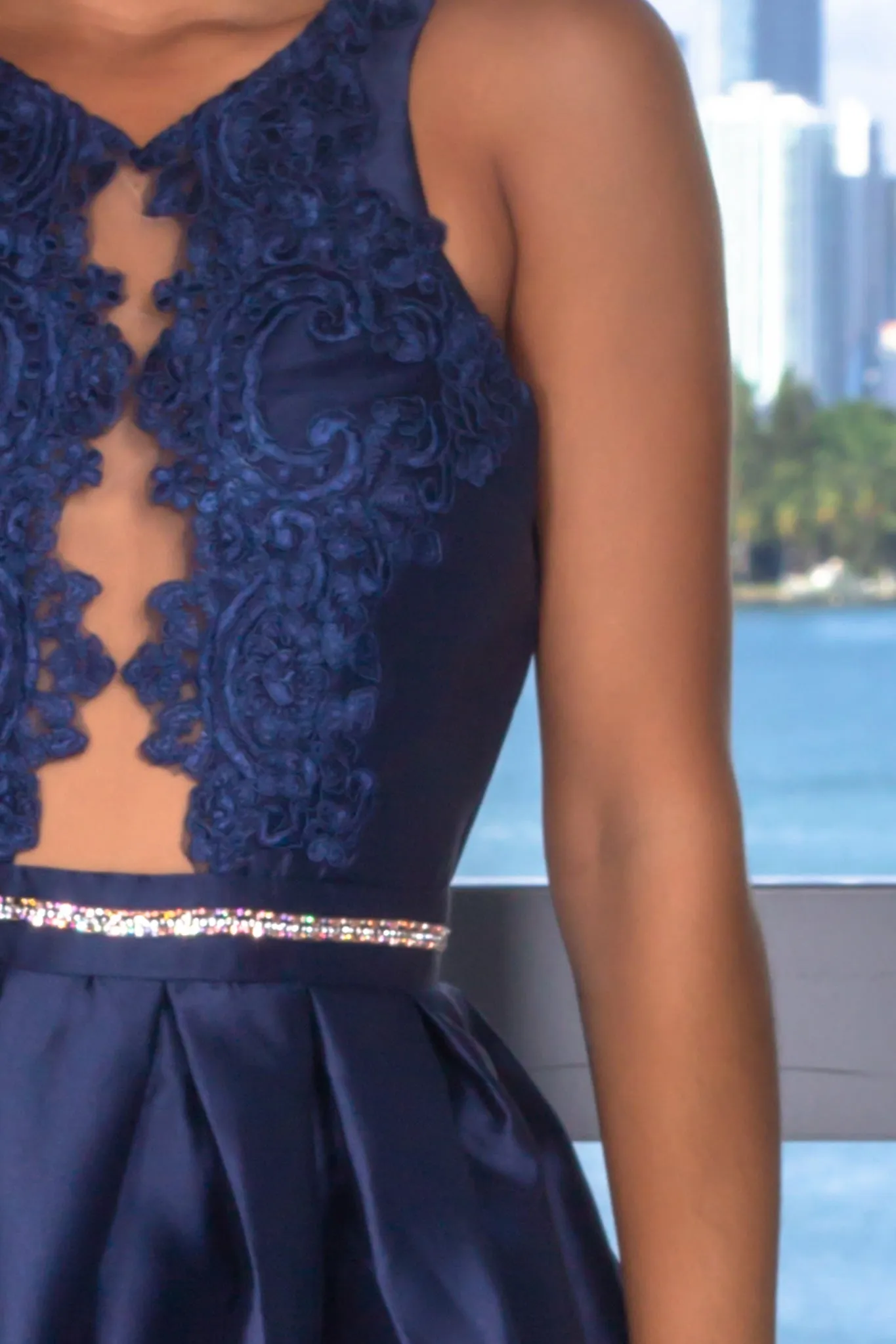 Navy Maxi Dress with Embroidered Top and Mesh Detail