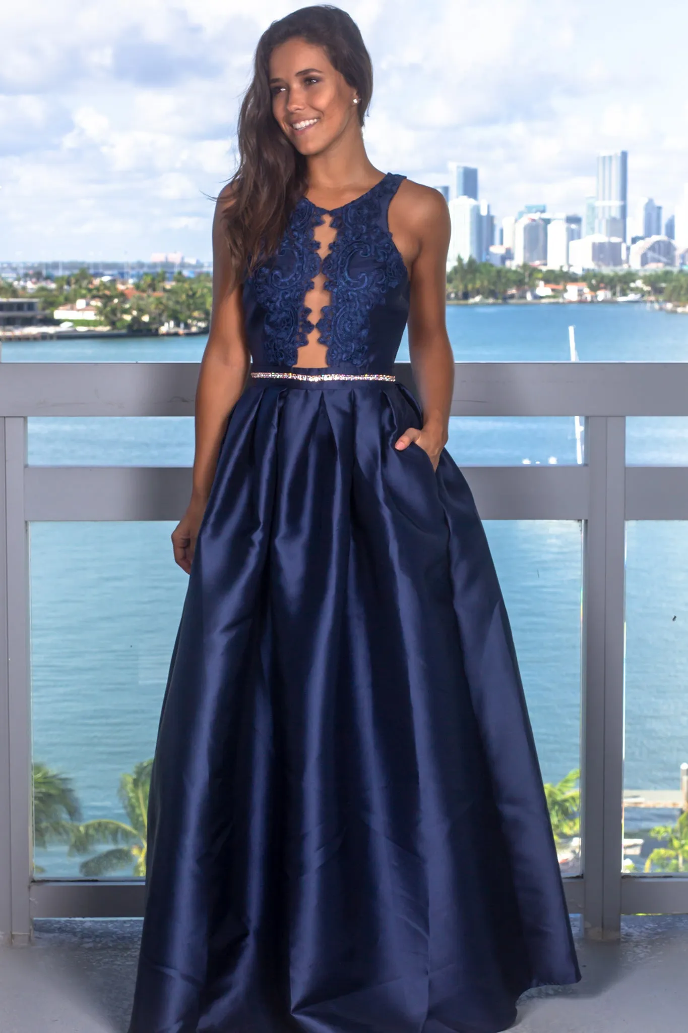 Navy Maxi Dress with Embroidered Top and Mesh Detail