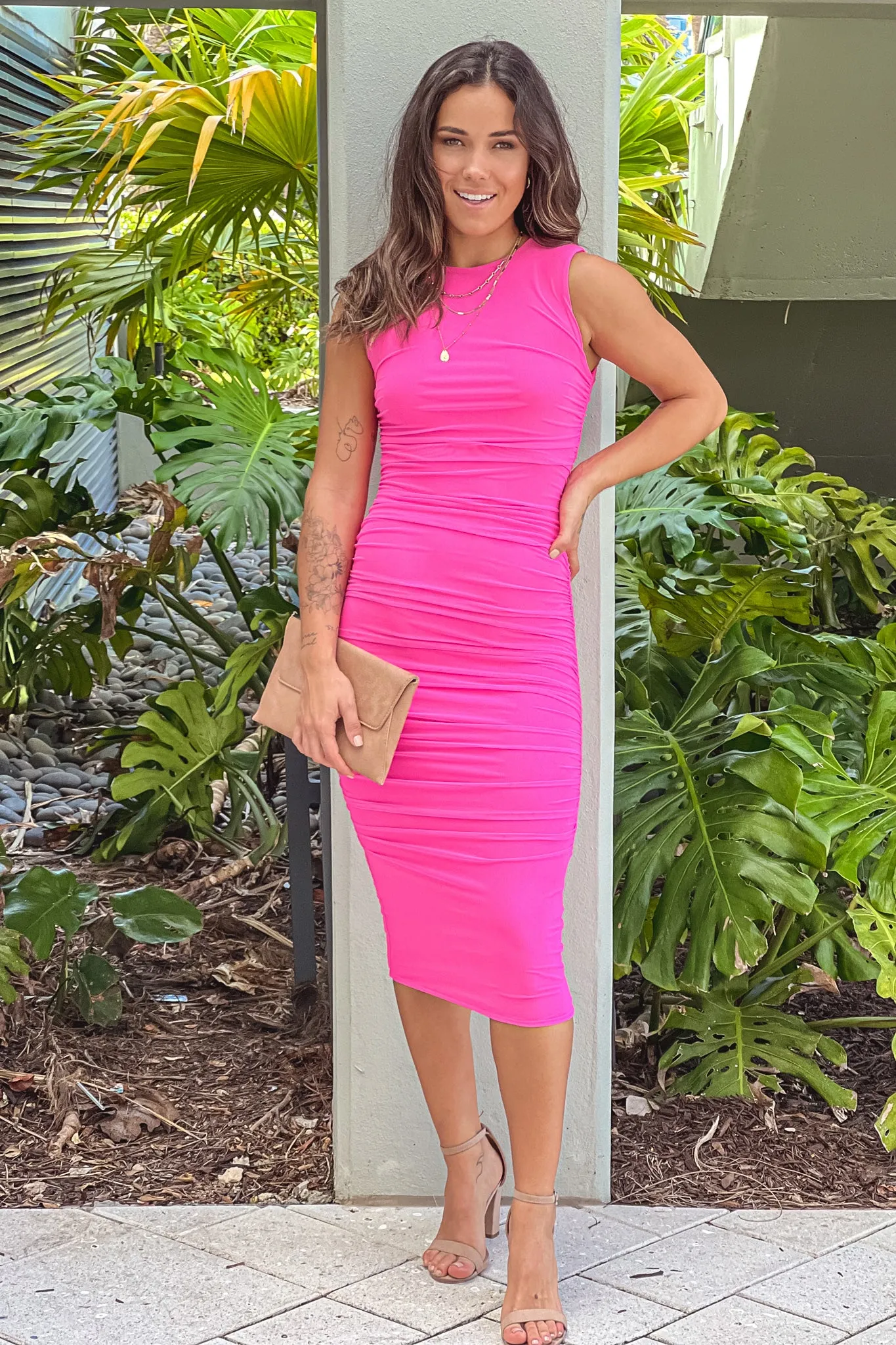 Neon Pink Mesh Ruched Midi Dress