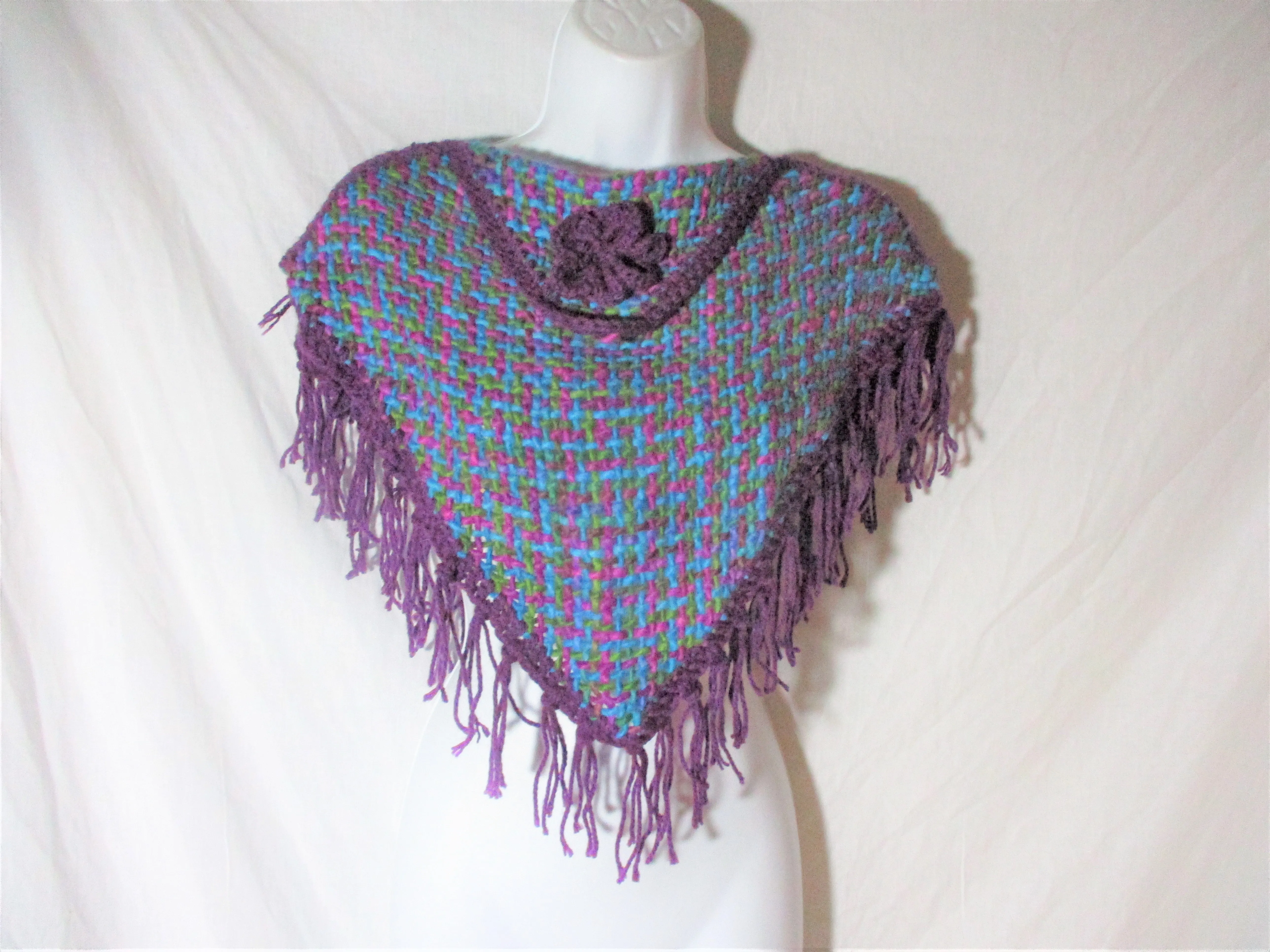 New ATELIER ADONAY Handmade LOOM Poncho Cape Jacket Hippie PURPLE Girls FRINGE Ethnic