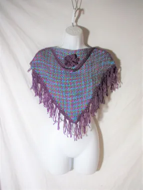 New ATELIER ADONAY Handmade LOOM Poncho Cape Jacket Hippie PURPLE Girls FRINGE Ethnic