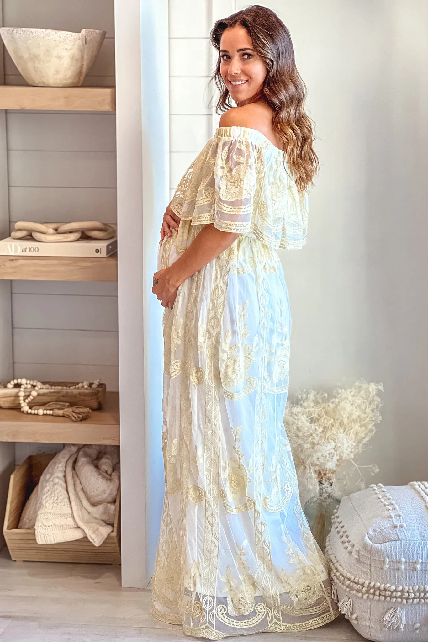 Off White Off Shoulder Gold Mesh Maternity Maxi Dress