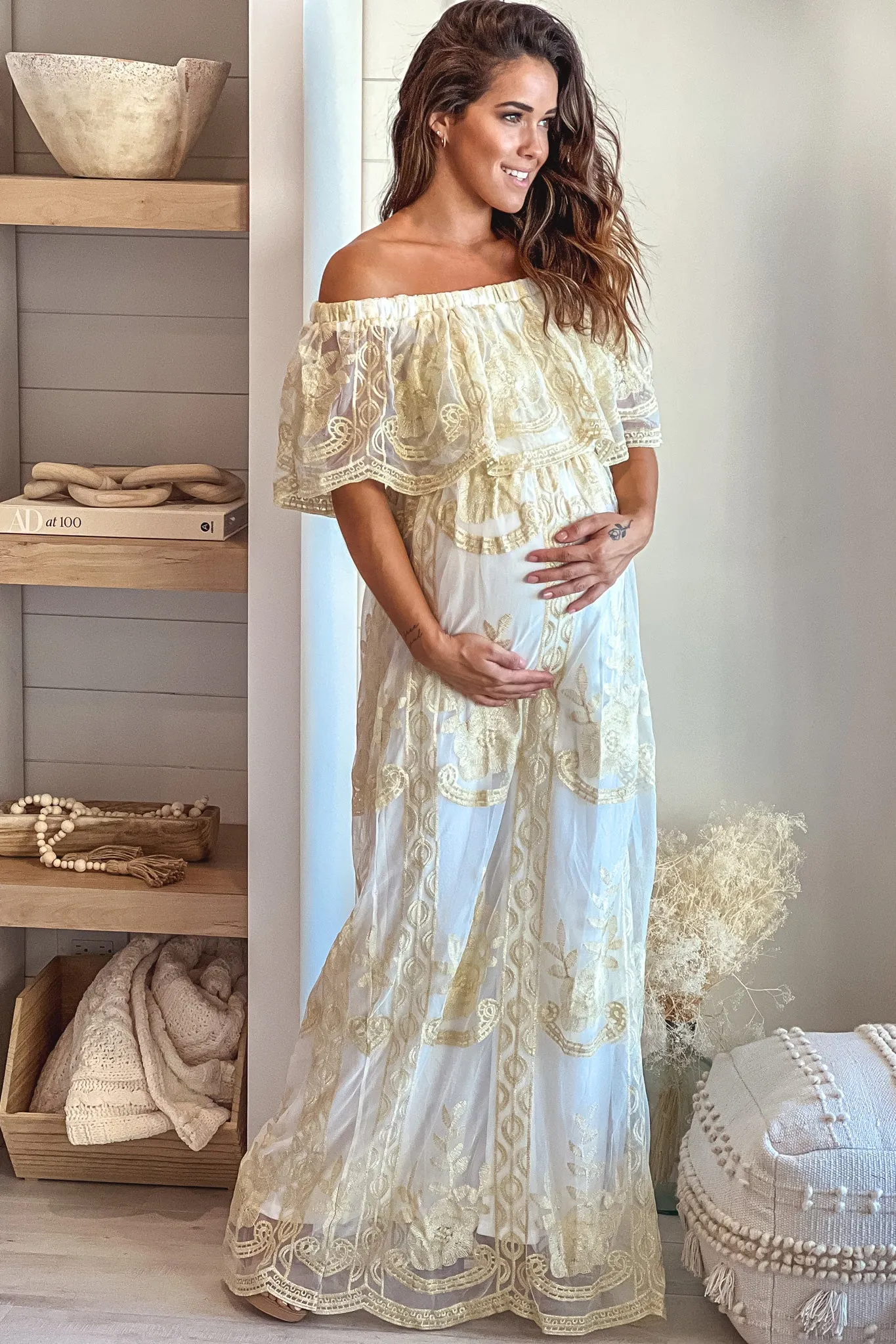 Off White Off Shoulder Gold Mesh Maternity Maxi Dress