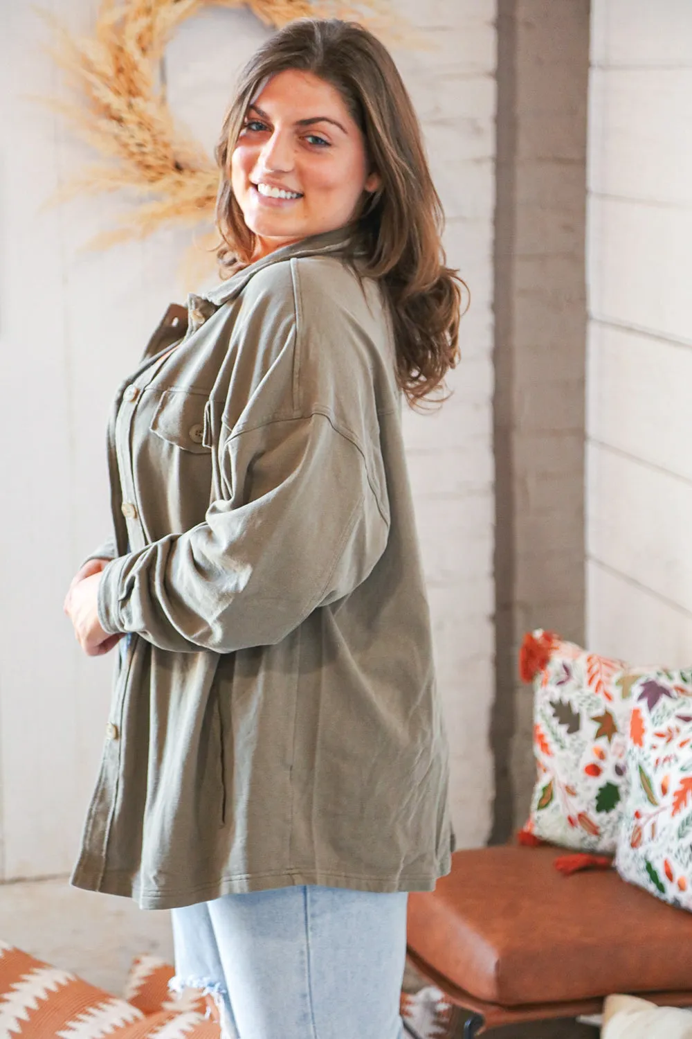 Olive Terry Button Down Oversized Shirt Shacket