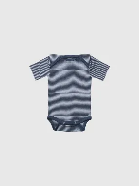 organic merino wool and silk short-sleeved onesie in navy/natural stripe - baby/toddler