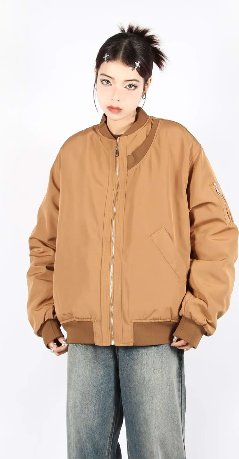 Oversized Bomber Jacket with Sleeve Pocket