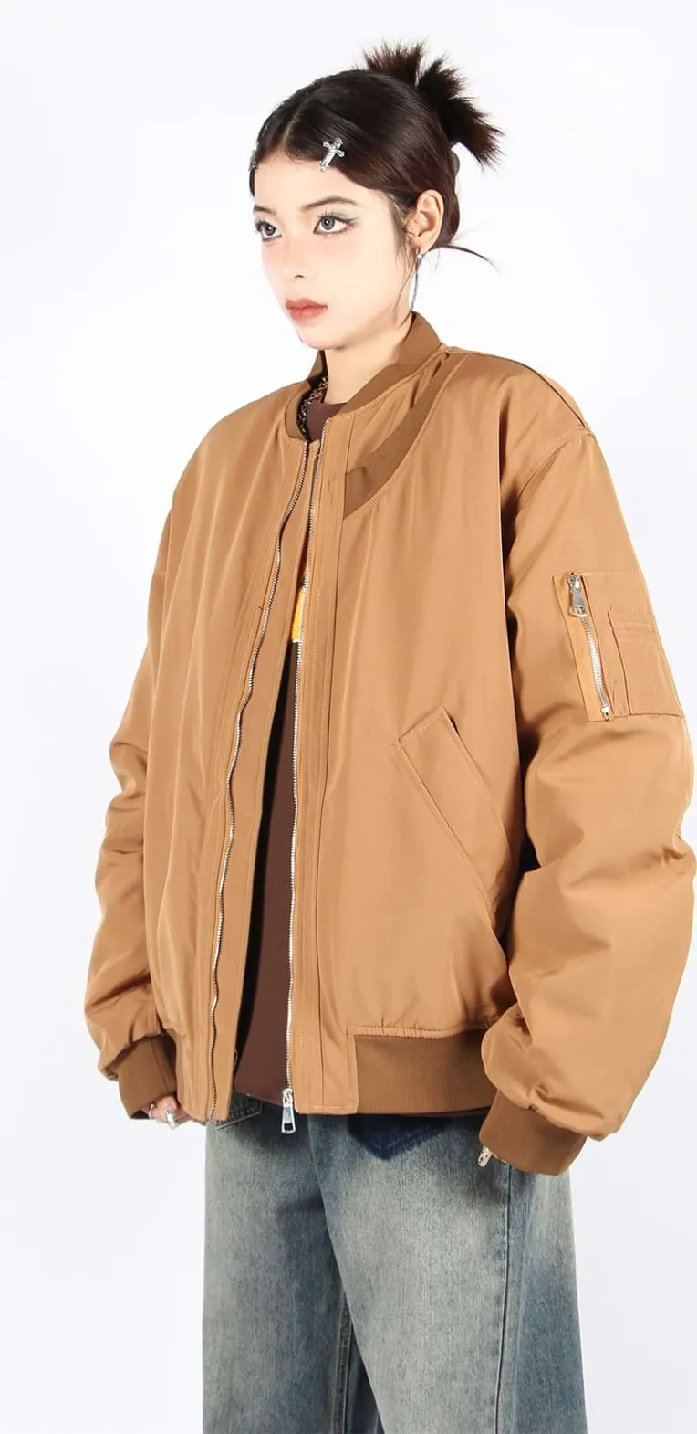 Oversized Bomber Jacket with Sleeve Pocket