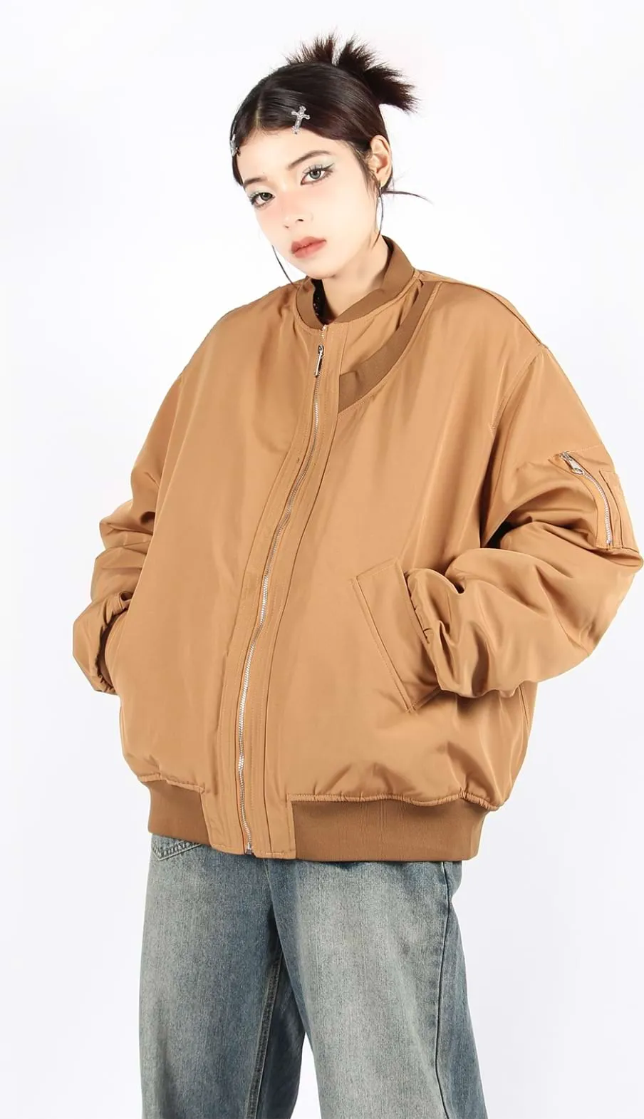 Oversized Bomber Jacket with Sleeve Pocket