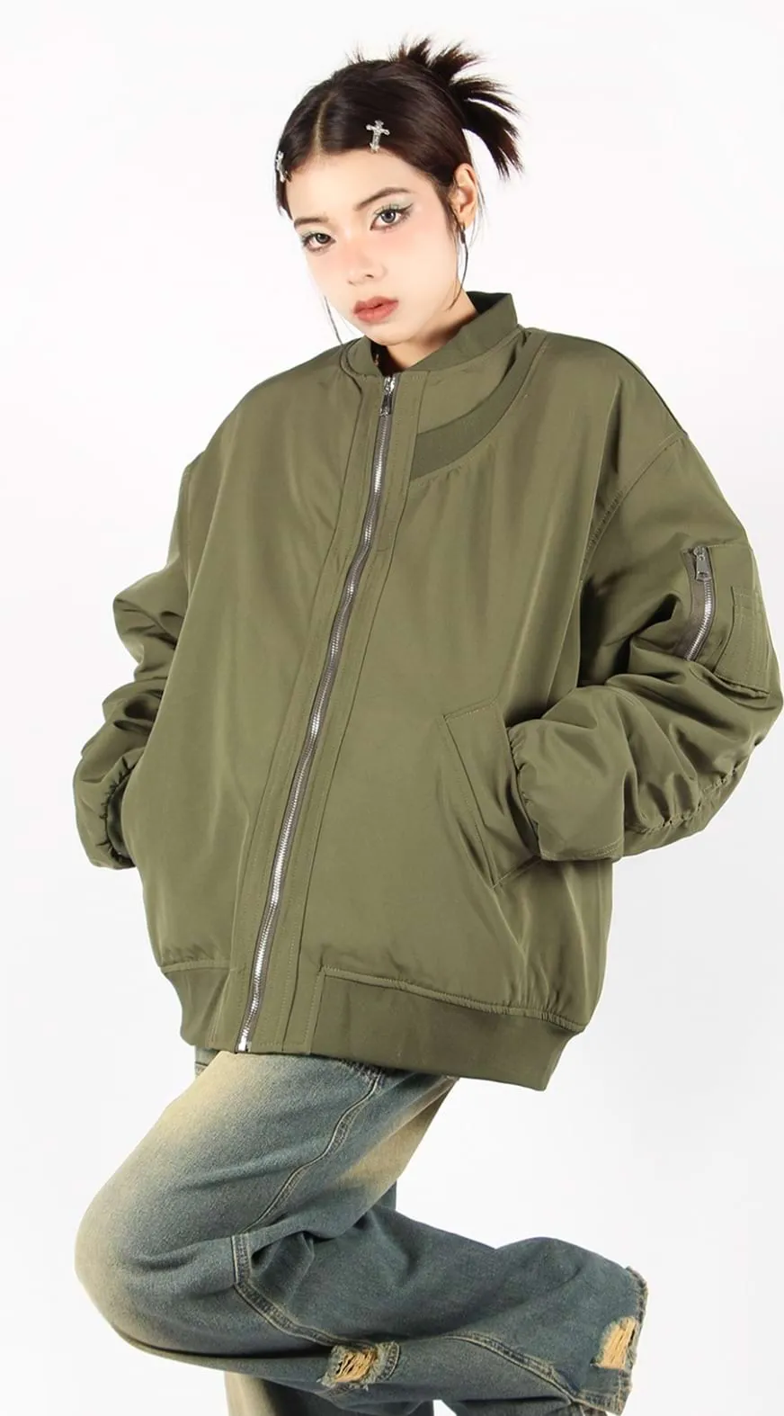 Oversized Bomber Jacket with Sleeve Pocket