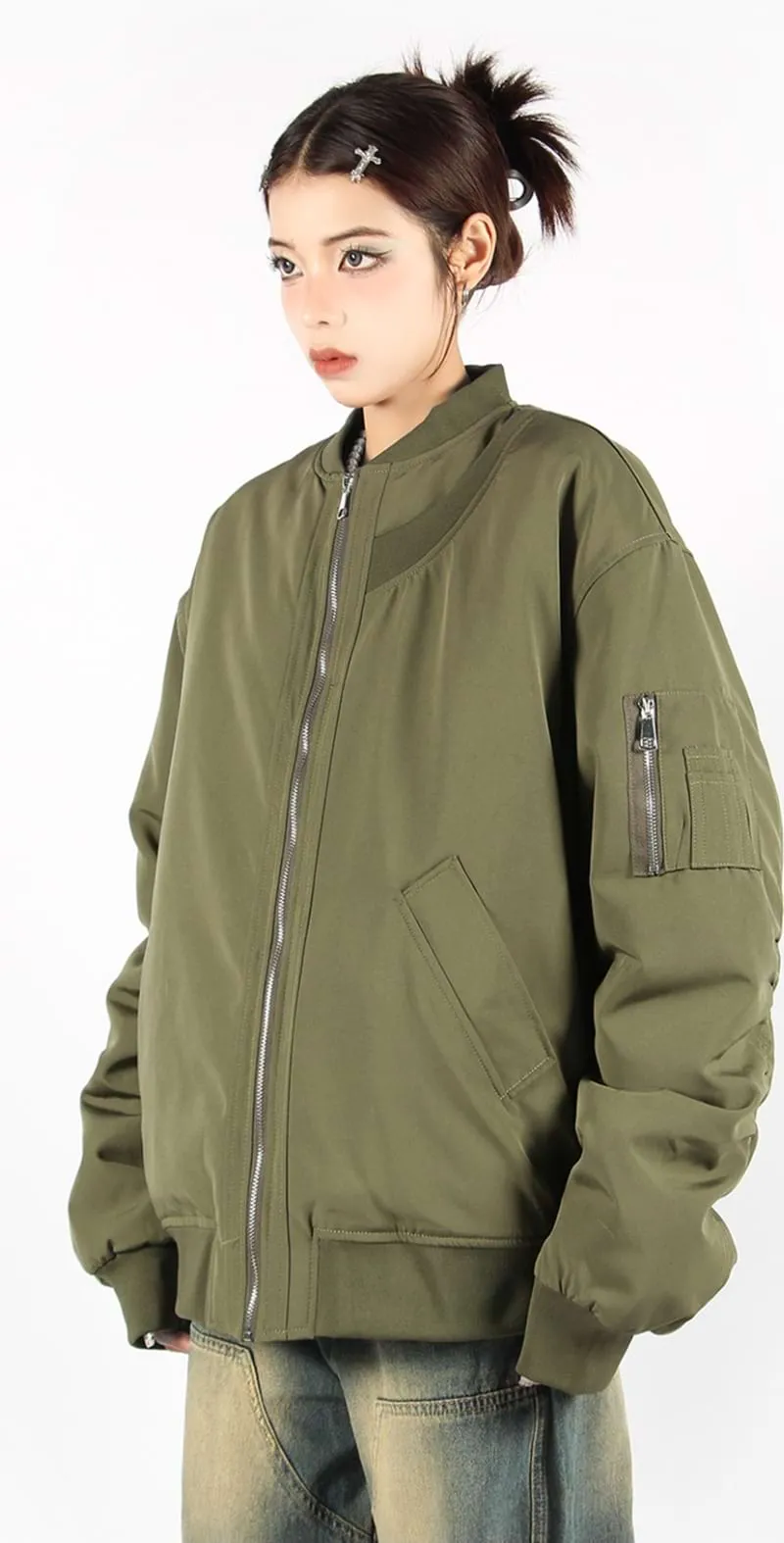 Oversized Bomber Jacket with Sleeve Pocket