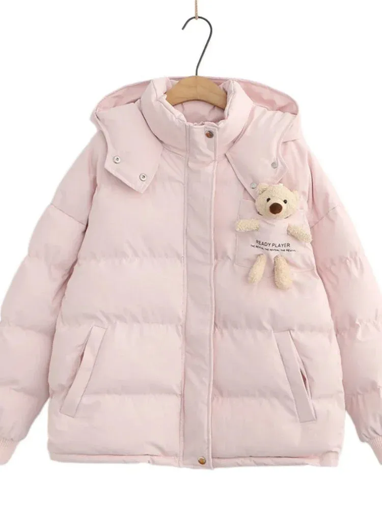 Pink Cartoon Bear Appliques Jacket Parka Women Winter Hooded Coat Warm Casual Parkas Long Sleeve Cotton Liner Thick Outwear