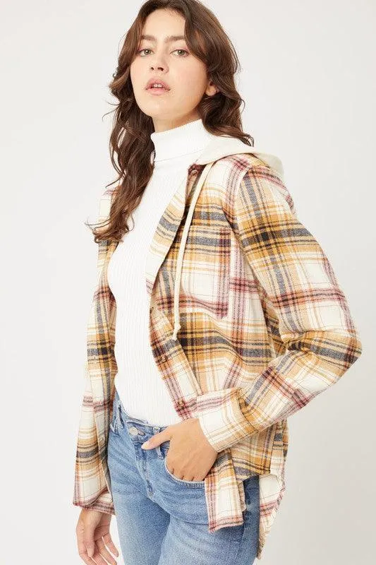 Plaid Flannel Button Up Shacket With Hood