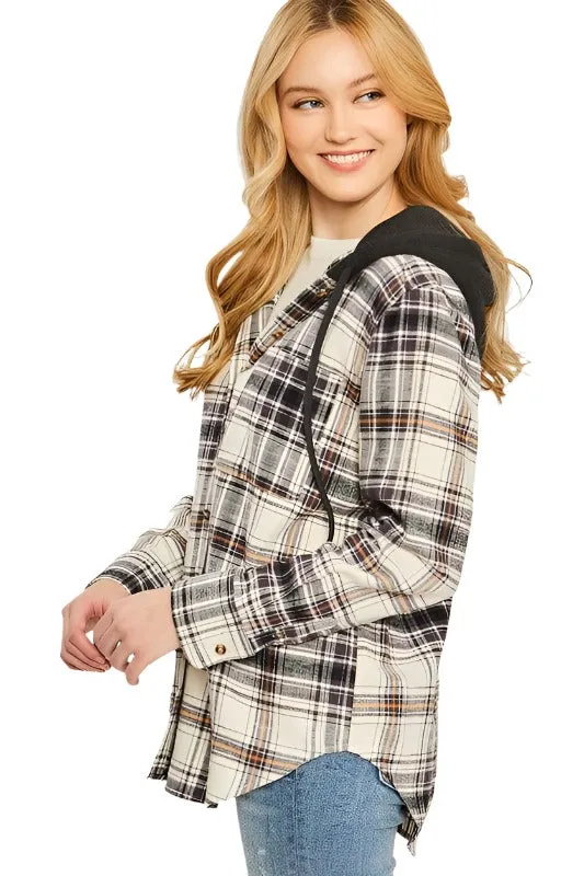 Plaid Flannel Button Up Shacket With Hood