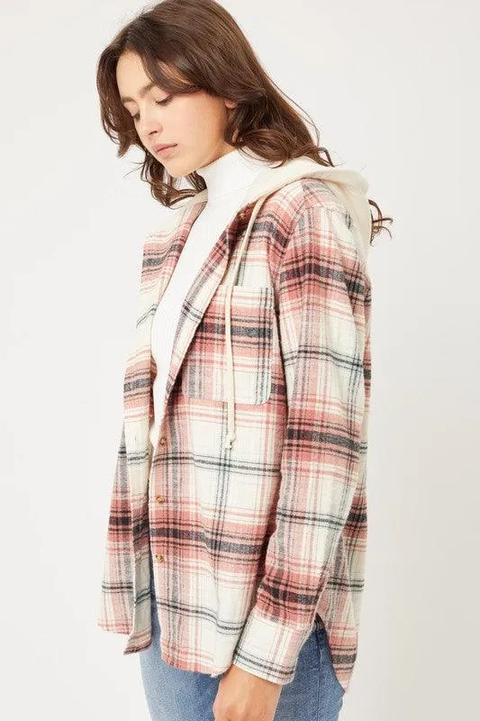 Plaid Flannel Button Up Shacket With Hood