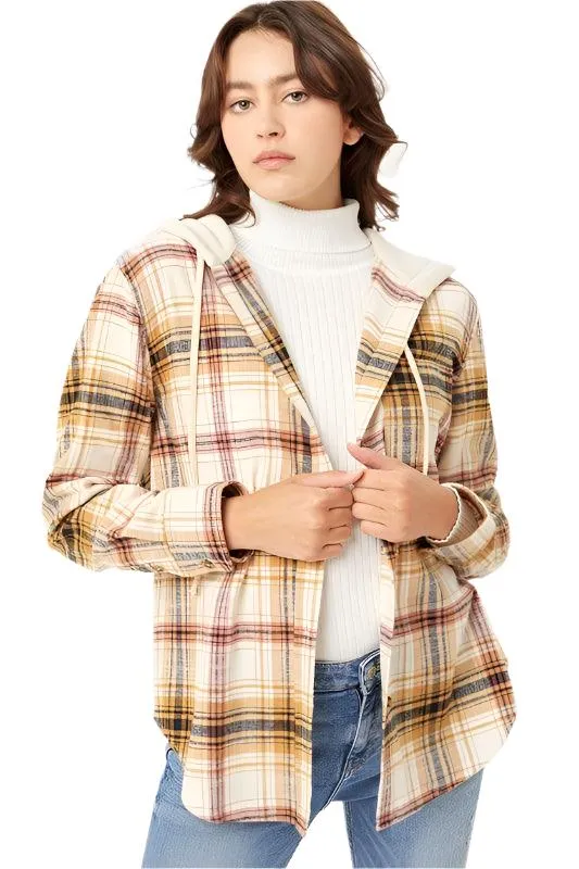 Plaid Flannel Button Up Shacket With Hood