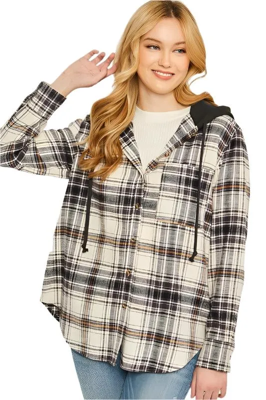 Plaid Flannel Button Up Shacket With Hood