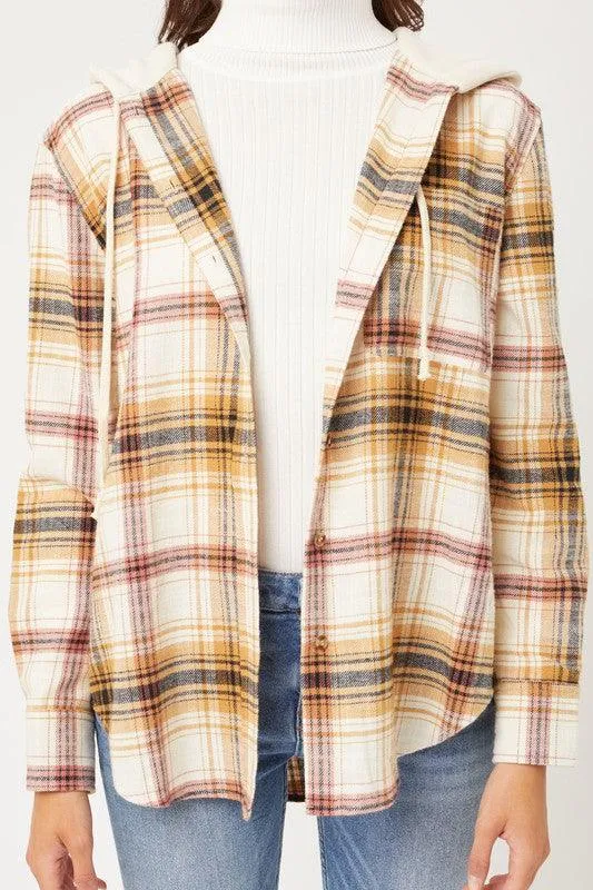 Plaid Flannel Button Up Shacket With Hood