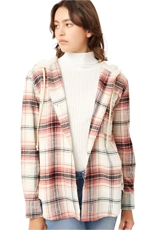 Plaid Flannel Button Up Shacket With Hood