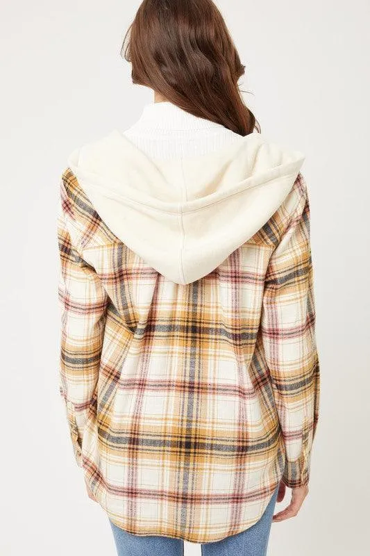 Plaid Flannel Button Up Shacket With Hood