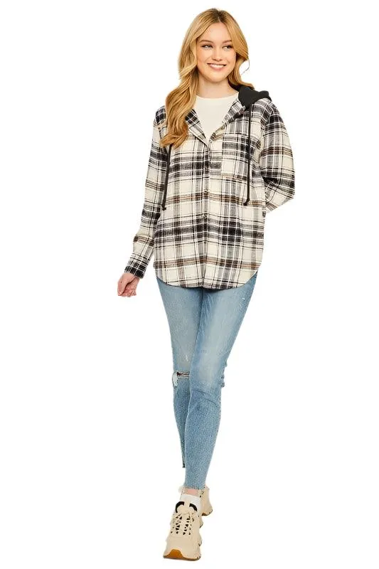 Plaid Flannel Button Up Shacket With Hood